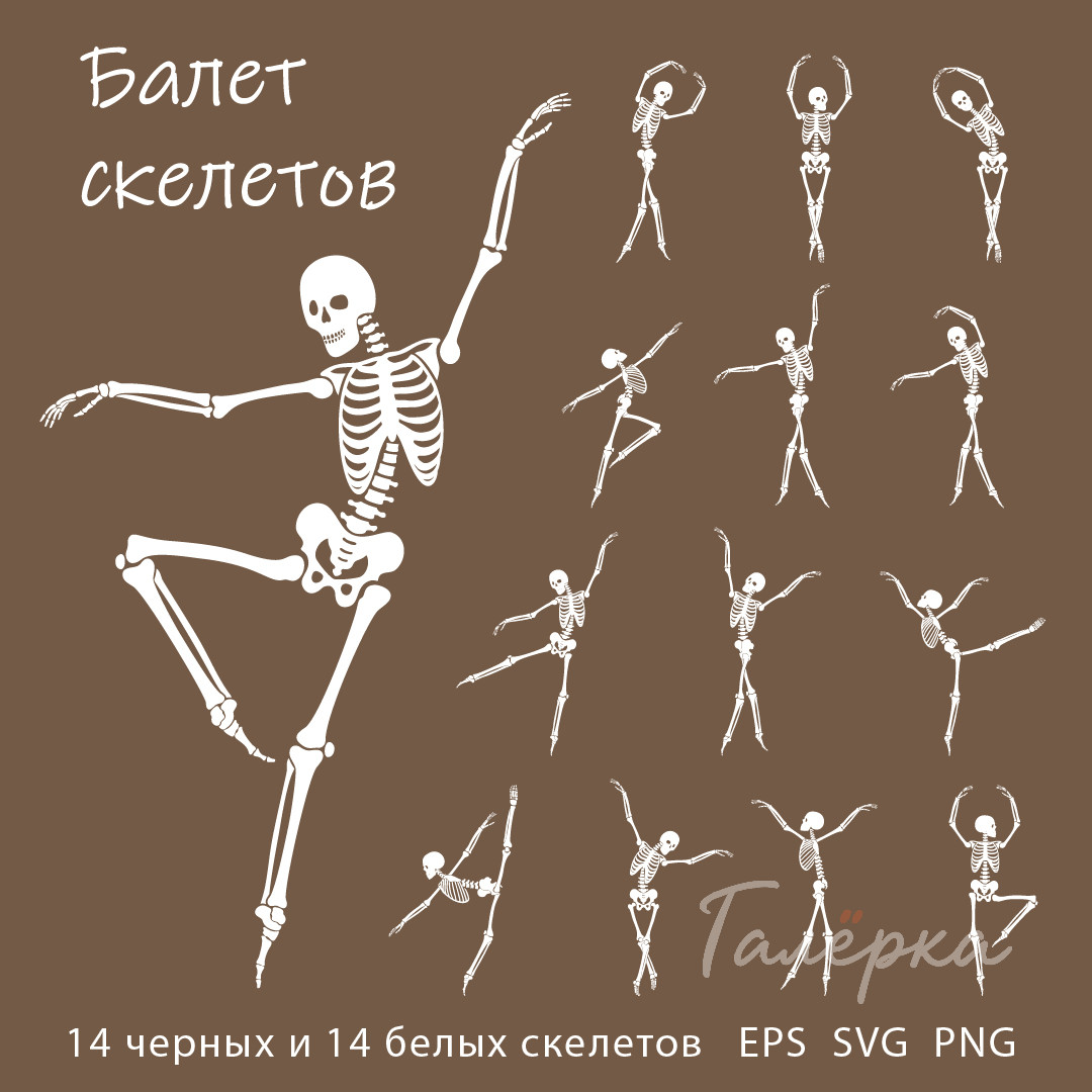 Балет скелетов – коллекция из 14 черных и 14 белых танцующих скелетов |  EPS  SVG  PNG